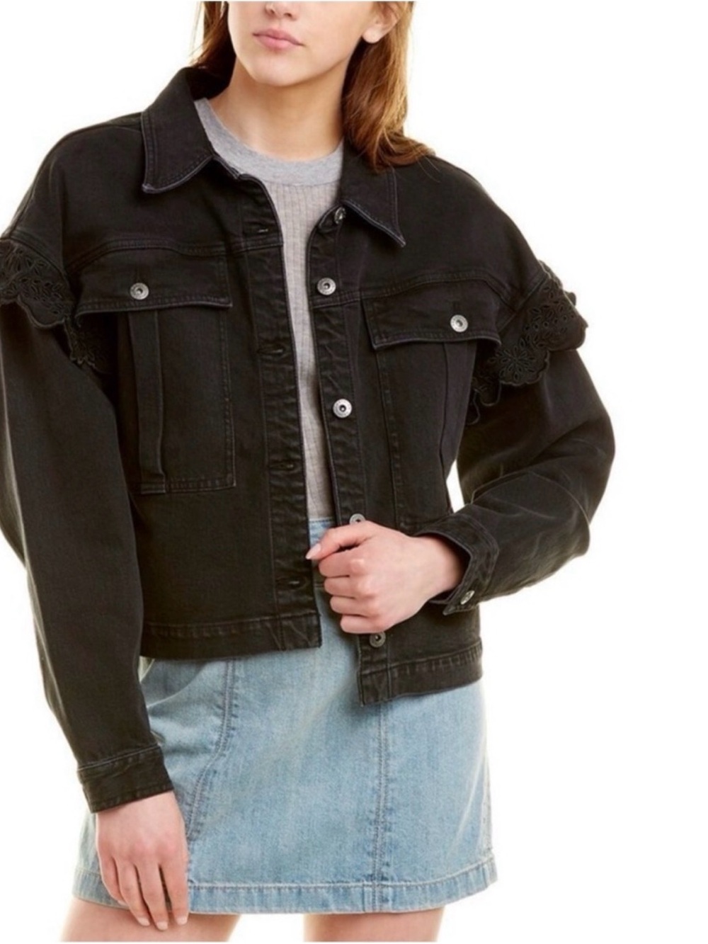 Something Navy Black Lace-Trim Denim Jacket
